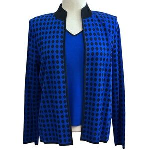 Ming Wang Polka Dot Open Front Cardigan Sweater Tank Set Blue Black Medium